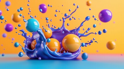 Poster - A vibrant and energetic composition featuring a dynamic splash of colorful balls and spheres floating and interacting in a playful abstract setting