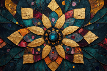 Poster - Intricate gold and jewel-toned mandala artwork with a central gemstone, exhibiting rich textures and vibrant colors.