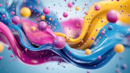 Poster - Mesmerizing abstract composition featuring a dynamic blend of colorful fluid like particles and spheres in a 3D rendered surreal visual experience