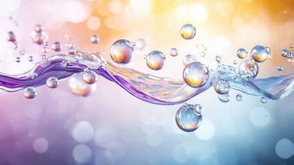 Poster - image featuring wavy iridescent floating spheres surrounded by splashing and flowing water with a soft colorful bokeh background