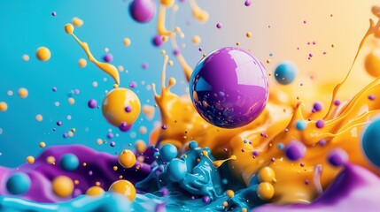 Poster - Mesmerizing 3D surreal abstract art composition featuring floating spheres vibrant splashing colors and a dynamic playful party like atmosphere
