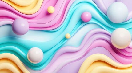 Poster - A visually striking and imaginative digital featuring a captivating background with flowing pastel colored shapes swirling patterns and glossy playful spheres