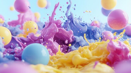 Poster - Vibrant dynamic image showcasing a surreal abstract scene with floating party like spheres and colorful liquid splashes and splatters creating a playful contemporary visual experience
