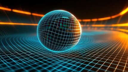 Poster - A vibrant and luminous 3D wireframe sphere floating in a dynamic grid like futuristic environment with glowing lines and shapes evoking a sense of technology innovation and interconnectivity