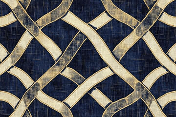 Poster - Abstract navy blue and beige woven textile pattern with an intricate lattice design.