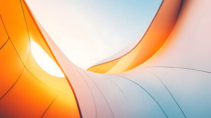 Poster - Bright blue sky with orange and white lines creating a striking contrast against the curvilinear structures of the cityscape.