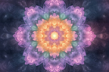 Poster - Intricate fractal mandala with pastel hues, exhibiting symmetrical floral patterns and radiating energy.