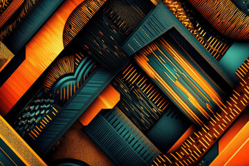 Poster - Abstract geometric artwork featuring intersecting teal and orange shapes with textured surfaces and intricate patterns.