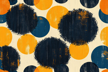 Poster - Abstract art featuring overlapping circles in shades of orange, teal, and dark blue on a beige background.