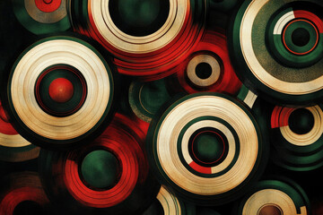 Poster - Abstract concentric circles in red, green, and beige with a vintage texture.