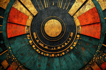 Poster - Abstract circular design with gold, teal, and orange accents, grunge texture.