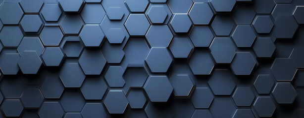 Poster - Dark blue abstract background with layered hexagonal shapes creating modern, geometric pattern. design features depth and shadow, adding sense of dimension and complexity