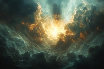 Wall Mural - a dramatic view of a stormy sky with sun ray piercing through clouds. The sky has a mixture of dark and bright colors, suggesting a powerful and awe-inspiring scene