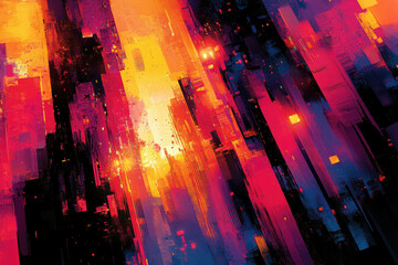 Poster - Abstract digital painting of a futuristic cityscape at sunset, vibrant colors and bold brushstrokes.
