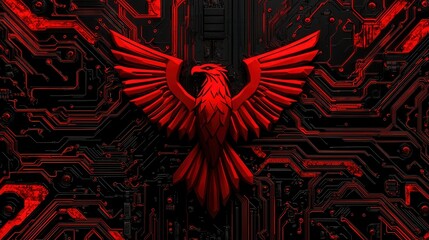 Poster - A bold and visually striking digital art depicting a powerful phoenix like bird with vibrant red wings against a backdrop of futuristic circuit inspired technology
