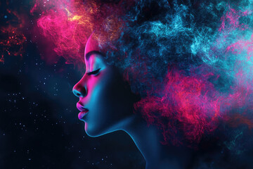 Aufkleber - A vibrant digital art depicting a woman's profile enveloped in cosmic, nebula-like hair.