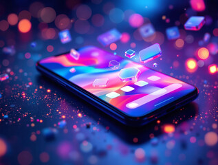 Aufkleber - A smartphone with a vibrant, colorful wallpaper featuring a mix of blues, purples, and pinks, set against a backdrop of abstract, blurred bokeh lights.