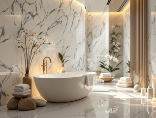 Poster - A bathroom with a white and gold color scheme, featuring a freestanding bathtub, a tap, towels, pebbles, a vase with flowers, and other objects placed on the floor. The walls are adorned with marble
