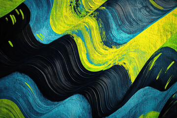 Poster - Abstract art with vibrant yellow, teal, and black wavy brushstrokes creating a dynamic, textured composition.