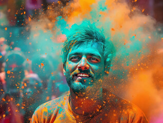 Poster - A man in an orange shirt is joyfully smeared with vibrant colored powders, surrounded by a blur of other people in the background.