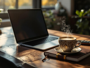 Poster - A wooden table with a laptop, a cup of coffee, a saucer, a book, and a remote. The background is slightly blurred, revealing a window and some plants, suggesting a cozy indoor setting.