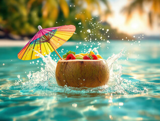 Poster - A vibrant, sunlit scene of a tropical poolside setting, with a coconut filled with fresh fruit splashing into the water, accompanied by a colorful umbrella. The background is slightly blurred, emphasi