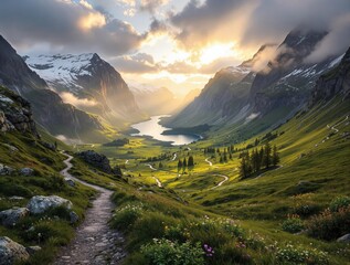 Fototapete - A breathtaking panoramic view of a lush valley nestled between towering mountains, with a tranquil lake reflecting the golden hues of the setting or rising sun. The foreground is adorned with vibrant 