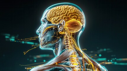 Poster - A highly detailed futuristic anatomical depicting a digital technology infused human brain with glowing nerves circuits and electrical impulses
