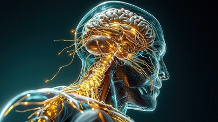 Poster - A highly detailed and visually striking digital rendering of a human brain depicting its intricate neural pathways and complex structure in a futuristic holographic style