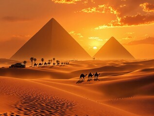Poster - A vivid portrayal of the pyramids of Giza, set against a backdrop of a setting or rising sun. The foreground is dominated by the golden sands of the desert, with a silhouette of a camel caravan traver