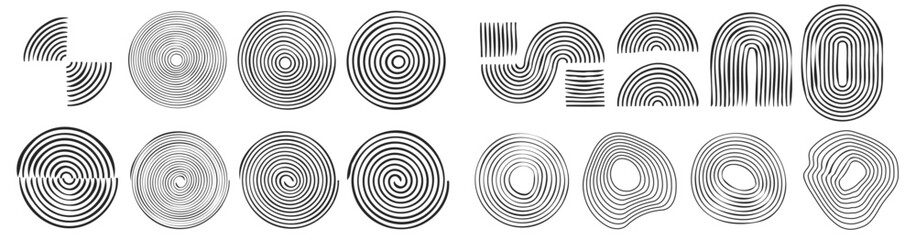 Poster - Line stroke art doodle modern hand drawn graphic elements vector set, handdrawn scrawl scribble waves retro minimalist boho design shapes, concentric circular spiral image clipart