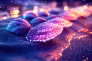 Poster - Glowing seashells on a beach at night, illuminated with magical light.