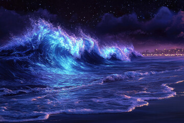 Poster - Glowing blue waves crash on a beach at night, under a starry sky, near a city.