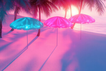 Poster - Pink and teal beach umbrellas on a pink sandy beach at sunset, serene tropical vibe.
