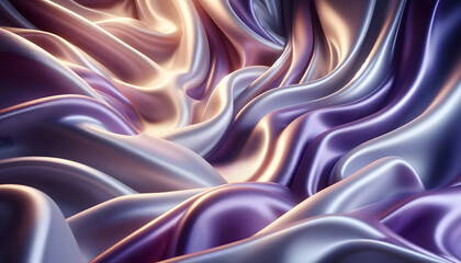 Poster - An elegant close-up of silky fabric with smooth, flowing waves in soft shades of purple and cream, illuminated by soft light, creating a luxurious and serene atmosphere.
