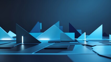 Poster - Geometric shapes illuminated in blue light create a serene abstract landscape in a modern interior setting