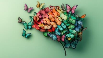 Poster - A visually captivating and imaginative composition featuring a vibrant array of colorful butterflies arranged in a harmonious and symmetrical pattern on a lush green leaf