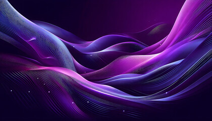 Poster - A stunning abstract image featuring flowing waves in vibrant shades of purple and gold, illuminated by glowing particles, creating a dynamic, energetic, and futuristic visual effect.
