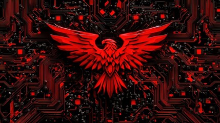 Poster - A visually striking and intense cyberpunk inspired digital featuring a powerful eagle emblem or symbol set against a futuristic