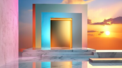Poster - a futuristic abstract geometric background with metallic textures and neon highlights.