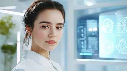 Poster - A futuristic AI nurse monitoring a patients vitals displayed on a glowing transparent screen.
