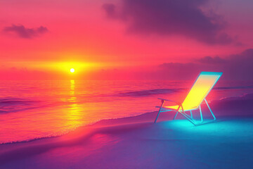 Poster - A lone chair on a beach at sunset, bathed in vibrant neon light, offering a serene and peaceful view.