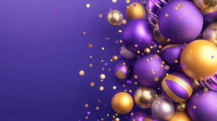 Poster - A visually captivating abstract composition featuring dynamic 3D spheres and gleaming iridescent orbs in a vibrant purple and gold color palette creating a mesmerizing festive atmosphere