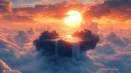 Wall Mural - the sun shining brightly over a surreal floating island in the sky, cascading waterfall