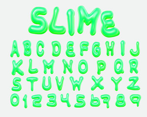 Fototapete - 3d style vector of neon green slime alphabet and numbers on white background