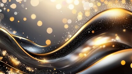 Poster - Captivating abstract background featuring a dynamic shimmering pattern of glowing gold neon waves and ethereal dazzling sparks of light creating a luxurious enchanting atmosphere