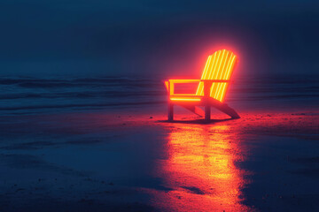 Aufkleber - Neon-lit Adirondack chair on a dark beach at night, serene and mysterious.
