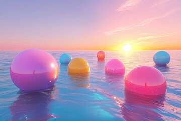 Poster - Pastel-colored spheres float serenely on a calm ocean at sunset, creating a dreamy, peaceful scene.