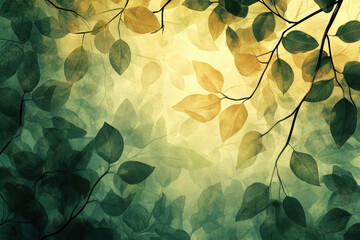 Poster - A serene watercolor painting of translucent leaves in varying shades of green and gold, bathed in soft sunlight.