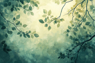 Poster - Serene watercolor painting of tree branches with green leaves against a soft, light background.